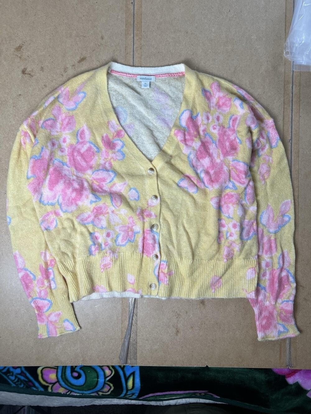 Sundance Sweater Womens Extra Large Vintage Yellow Floral Button Front Knit